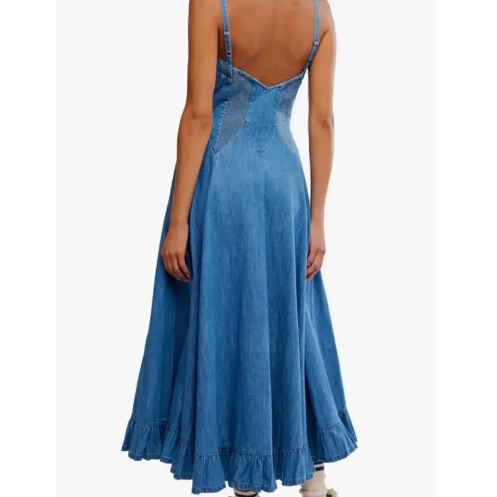 Free People Another Season Denim Dress Sweetheart Neck Ruffle Hem Cotton